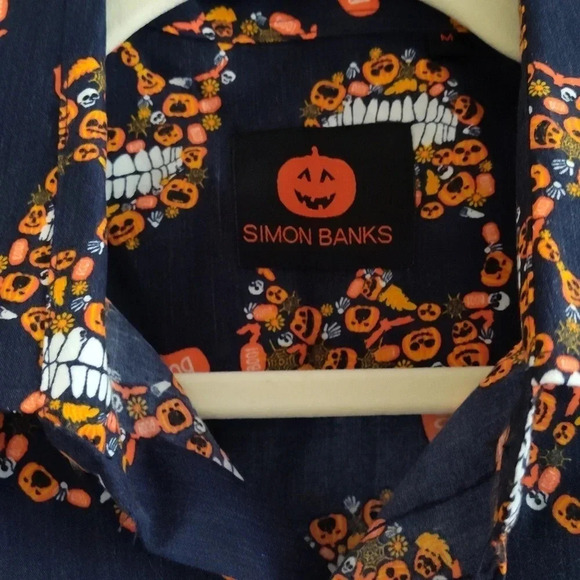 Simon Banks Halloween Skull Button Down Shirt Men’s M Pumpkin Print Novelty Top - Picture 4 of 6